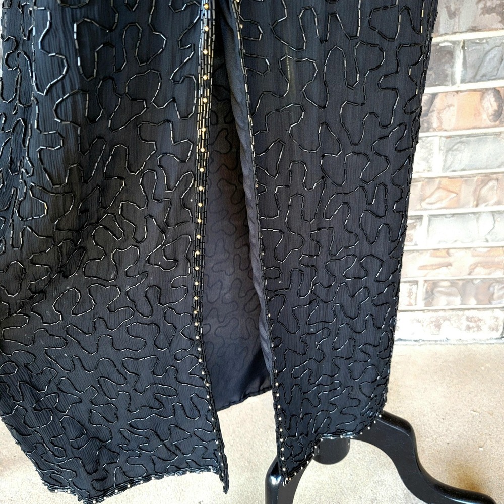 Scala Dress Womens XL Black Silk Beaded Sequin Floral Evening Gown Long Sleeve - Picture 5 of 11
